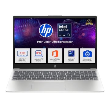 HP 15 Intel Ultra 5 Laptop (16GB/1TB SSD, 15.6″ FHD IPS, Win11, AI Powered, Silver)